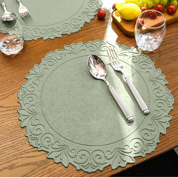 Noctiflorous Round Faux Leather 15 Inch Placemats Set of 4 Waterproof Wipeable Heat Resistant Tablemat for Dining Table Kitchen Non Slip Oilproof Table Place Mat for Indoor Outdoor(A Green, 4)