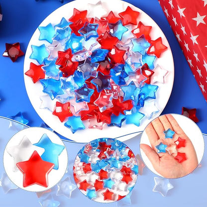 120 Pcs Patriotic Acrylic Star Translucent Crystals Gems Independence Day Memorial Day Veterans Day Remembrance Day 3D Star Shaped Gems for Vase Filler Ice Rocks,Table Scatter, Party Wedding