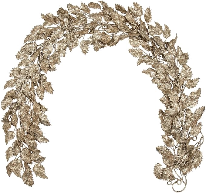 3 Pcs 6FT Christmas Garland Champagne Gold Glittered Artificial Holly Leaves for Mantle Christmas Tree Decorations Indoor Outdoor Hanging Garland Ornaments Garden Door Wall Window Stair Home Decor