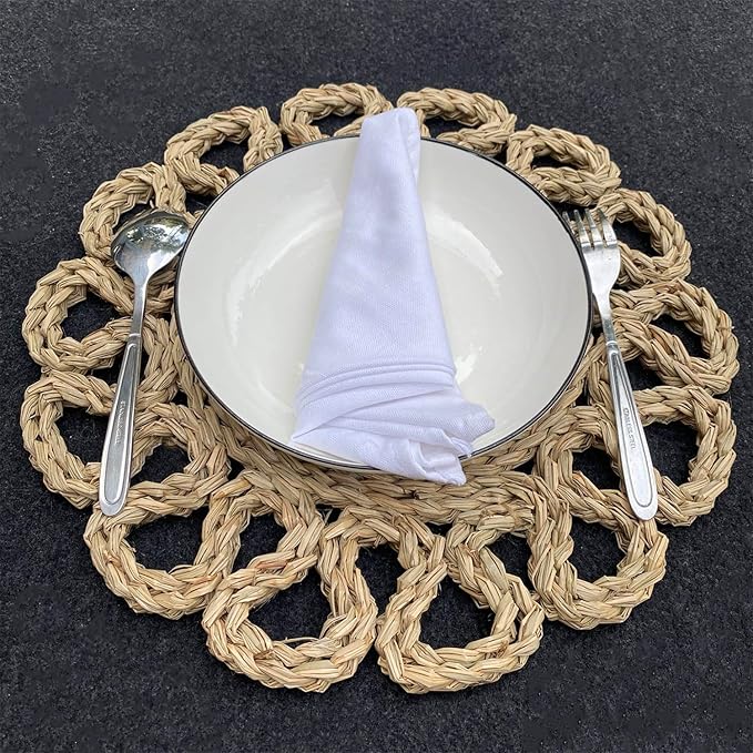 13.8" Set of 10 Round Seagrass Placemats | Boho Woven Rattan Table Mats | Farmhouse Wicker Spring Plate Chargers Like Water Hyacinth, Corn Husk for Wedding, Party, Christmas, Events