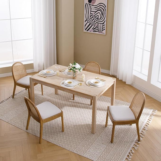 Mid Century Dining Chairs Set of 4, Rattan Linen Fabric Side Chairs Kitchen Chair with Solid Wooden Legs for Living Room Dining Room, Beige