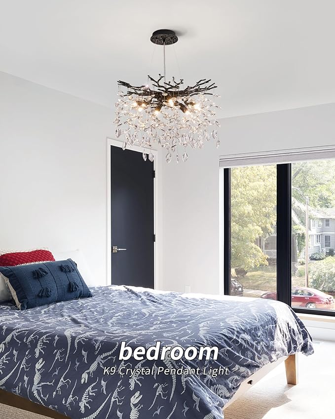 Modern Tree Branch Crystal Chandelier Luxury Black Crystal Pendant Lighting 18" Contemporary 6-Light Chandeliers for Dining Room Kitchen Bedroom Living Room