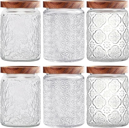 Vintage Glass Jars with Wooden Lids, 6 Pack 24 oz Airtight Glass Food Storage Containers Sets for the Kitchen, Sugar Coffee Candy Spice Cookie Tea Pasta