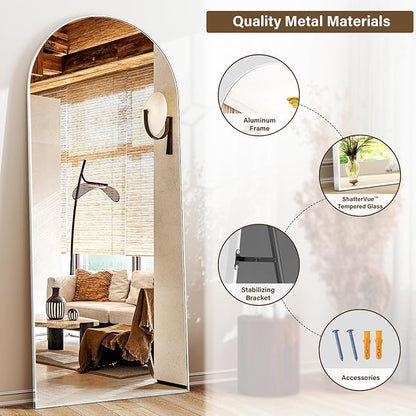24x68 Arched Full Length Mirror Floor Mirrors with Aluminum Alloy Frame Free-Standing Wall Mounted Floor Mirrors or Large Dressing Mirror, Silver Mirror Full Length