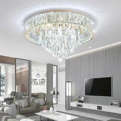 Modern Crystal Chandeliers for Dining Room LED Light Fixture Close to Ceiling Chandelier Flush Mount Ceiling Light Dimmable Lamp with Remote for Living Room Bedroom Hallway