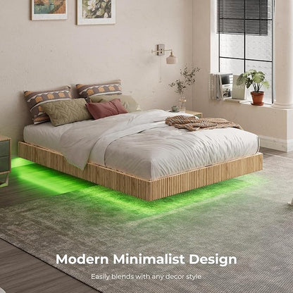 Evermagin Natural Full Floating Bed Frame with led Lights, Bohemia Fluted Floating Platform Bed No Headboard, Heavy Duty Metal Float Bedframe, No Box Spring Needed