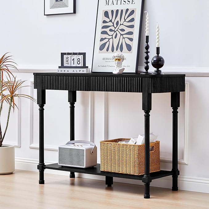 43.3'' Fluted Console Table for Entryway, Narrow Entryway Tables with 2 Wooden Drawers, Retro Sofa Table Behind Couch Accent Tables for Foyer, Living Room, Hallway (Black)