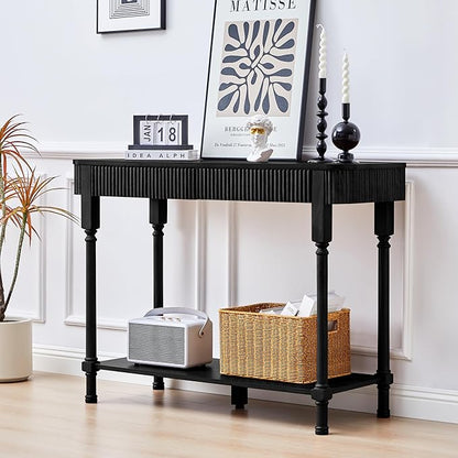 43.3'' Fluted Console Table for Entryway, Narrow Entryway Tables with 2 Wooden Drawers, Retro Sofa Table Behind Couch Accent Tables for Foyer, Living Room, Hallway (Black)