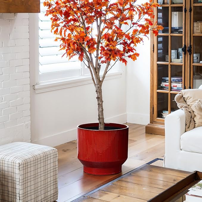 LuxenHome 13" Dia Ceramic Plant Pots, Red Glaze Indoor Outdoor Planter Pot with Drainage Hole and Rubber Plug, Modern Round Large Flower Pot for Home Garden Office or Patio