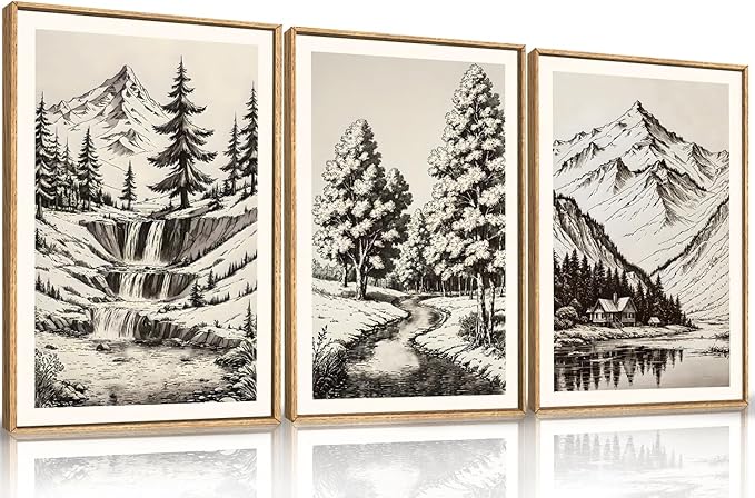HOURIA Large Vintage Mountain Sketch Framed Canvas Wall Art Set,Modern Pine Tree Wall Decor, Natural Botanical Wall Painting,Retro Abstract Art Print for Living Room,Bedroom,Office- 16"x24"x3