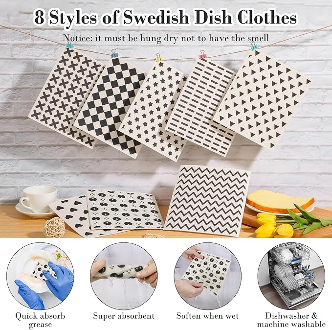 Lucomb 8 Pack Swedish Kitchen Dishcloths Reusable Washable Sponge Cleaning Cloths Super Absorbent Quick Drying
