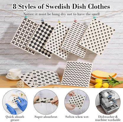 Lucomb 8 Pack Swedish Kitchen Dishcloths Reusable Washable Sponge Cleaning Cloths Super Absorbent Quick Drying
