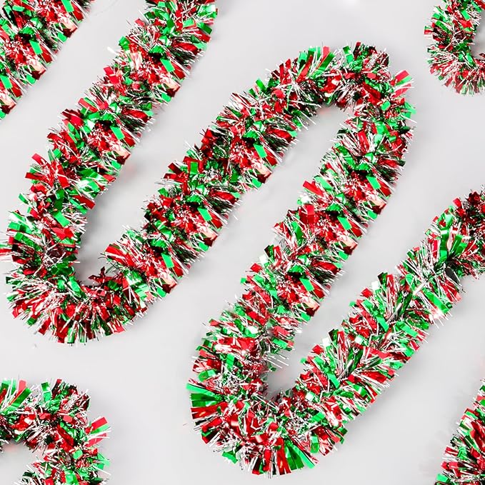 50Ft Christmas Tinsel Garland - Red Green Silver Shiny Metallic Twist Decor for Christmas Tree Home Stairs Railing Front Door Mantle Fireplace Indoor Outdoor Holiday Party