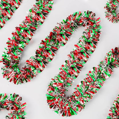 50Ft Christmas Tinsel Garland - Red Green Silver Shiny Metallic Twist Decor for Christmas Tree Home Stairs Railing Front Door Mantle Fireplace Indoor Outdoor Holiday Party
