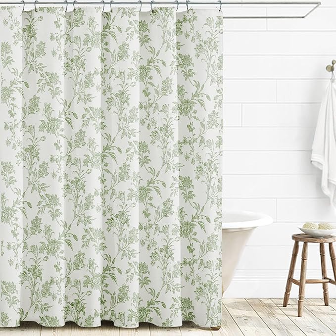 Sage Green Shower Curtain Floral Cotton Cottagecore Shower Curtain for Bathroom 72" W x 78" L