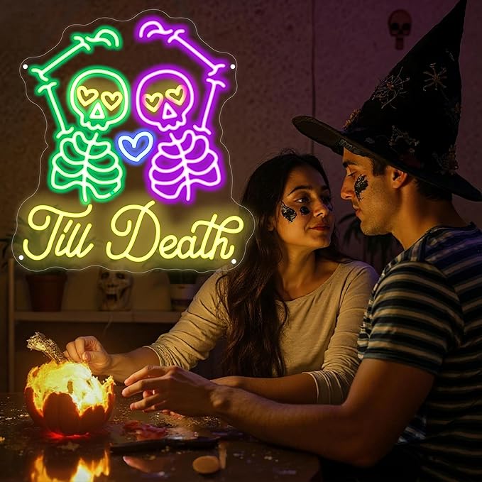 Skull Till Death Neon Sign, Halloween Wall Sign, Horror Decor Wall Skull Neon Sign Engagement Party Decor Til Death Do Us Party