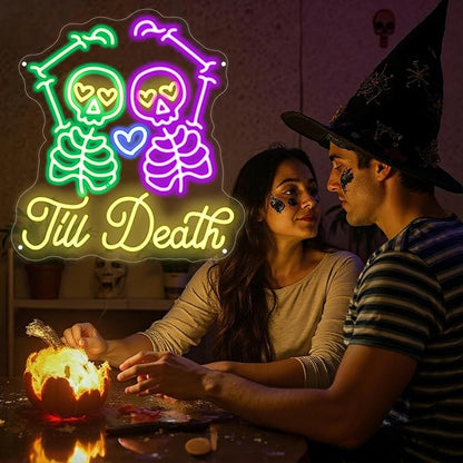 Skull Till Death Neon Sign, Halloween Wall Sign, Horror Decor Wall Skull Neon Sign Engagement Party Decor Til Death Do Us Party