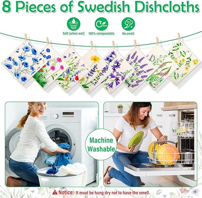 Lucomb Swedish Dish Cloths 8 Pack Reusable Quick Dry Kitchen Rags Assorted Cleaning Towels for Counters and Dishes
