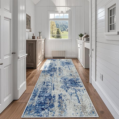 Runner Rug for Hallways Kitchen 2'6"x8' Washable Non Slip: Carpet Non Skid 8ft Entryway Rubber Backed 8 Feet Neutral Abstract Modern Rug Low Pile Pet Friendly Indoor Blue Grey White