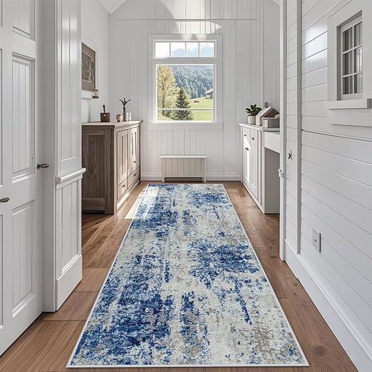 Runner Rug for Hallways Kitchen 2'6"x8' Washable Non Slip: Carpet Non Skid 8ft Entryway Rubber Backed 8 Feet Neutral Abstract Modern Rug Low Pile Pet Friendly Indoor Blue Grey White