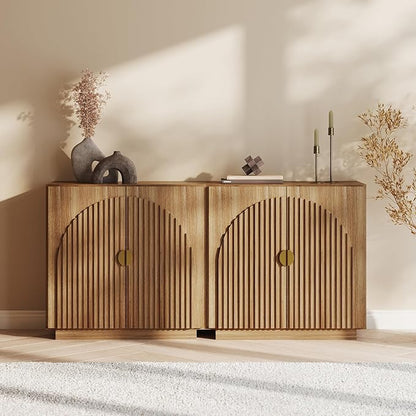 BELLEZE Modular Fluted Sideboard Buffet Cabinet with Storage, Mid-Century Modern Console Table with Symmetrical Arched Doors, Elegant Credenza for Dining Room, Kitchen, and Living Room, Caramel Brown