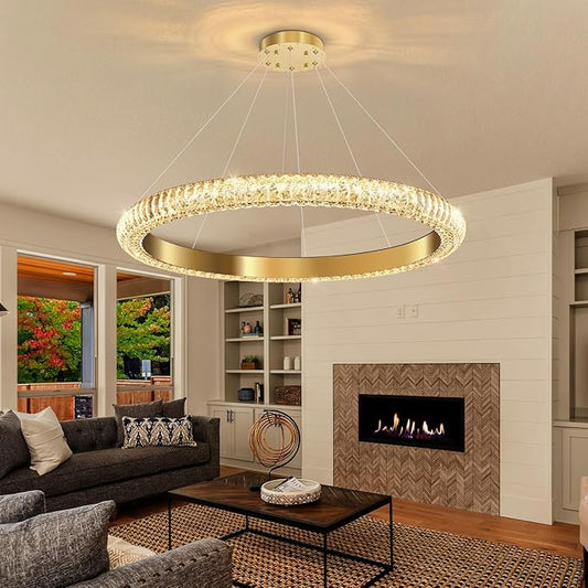 31.5" 1 Ring Crystal Chandelier Modern LED Dimmable Ring Pendant Light Chandelier for Dining Room Living Room Gold