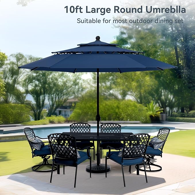 PHI VILLA 10ft Outdoor Patio Umbrellas for Outside, 3 Tier Vented Market Table Umbrella Windproof for Backyard, Deck, Garden, 1.5" Pole, Dark Blue（No Base）