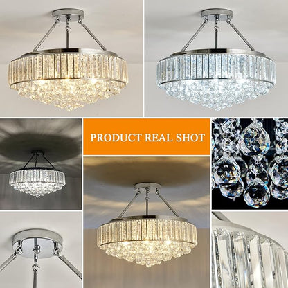 YYJLX 6 Light Modern Large Round Crystal Chandelier Chrome Semi Flush Mount Ceiling Light Fixtures E26 Ceiling Lamp for Dining Room Living Room Laundry Room Foyer Kitchen Balcony Bedroom(Silver).