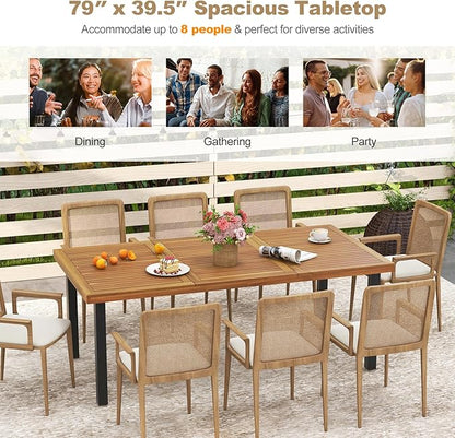 Tangkula 79 Inch Acacia Wood Dining Table, 8-Person Patio Table for Outdoors & Indoors, Rustic Rectangular Bistro Table with 1.9” Umbrella Hole, Metal Legs & Adjustable Foot Pads