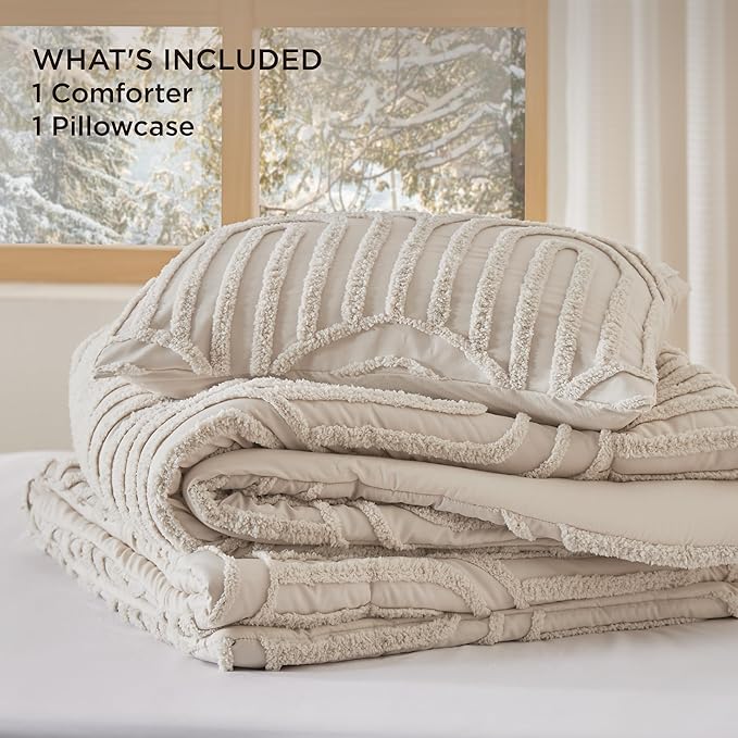 Bedsure Boho Tufted Twin Comforter Set - Beige Boho Bedding Comforter Sets, 2 Pieces Farmhouse Shabby Chic Embroidery Bed Set, Soft Fluffy Cozy Arch Pattern Comforter for All Seasons