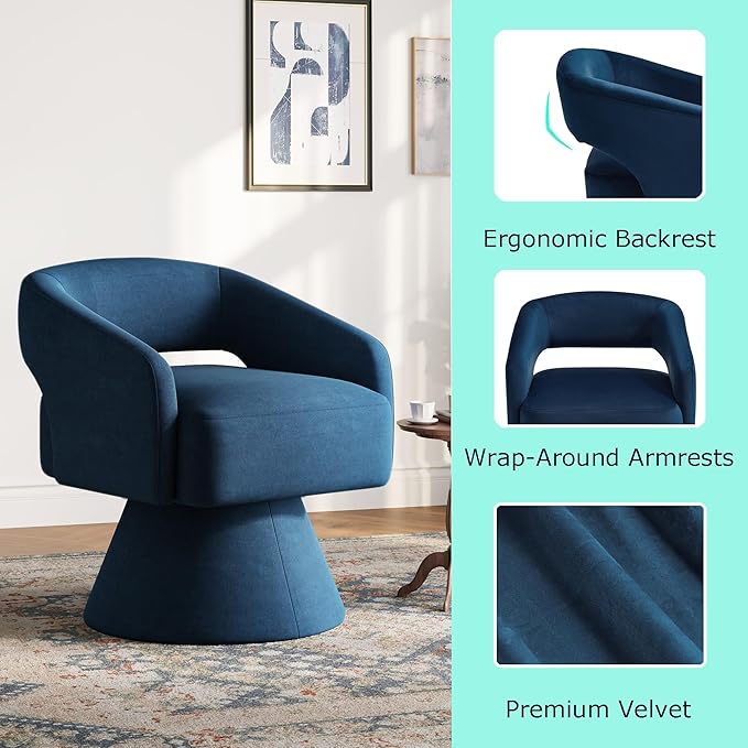 LINSY Swivel Barrel Chair, 360 Modern Swivel Accent Chair Boucle Swivel Chair Round Blue Velvet Chairs with Arms, Small Barrel Chair for Small Spaces Bedroom Living Room