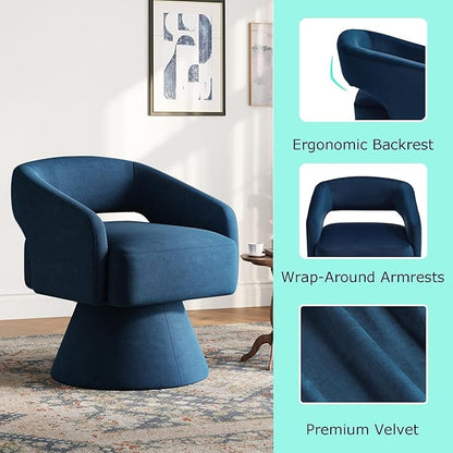 LINSY Swivel Barrel Chair, 360 Modern Swivel Accent Chair Boucle Swivel Chair Round Blue Velvet Chairs with Arms, Small Barrel Chair for Small Spaces Bedroom Living Room