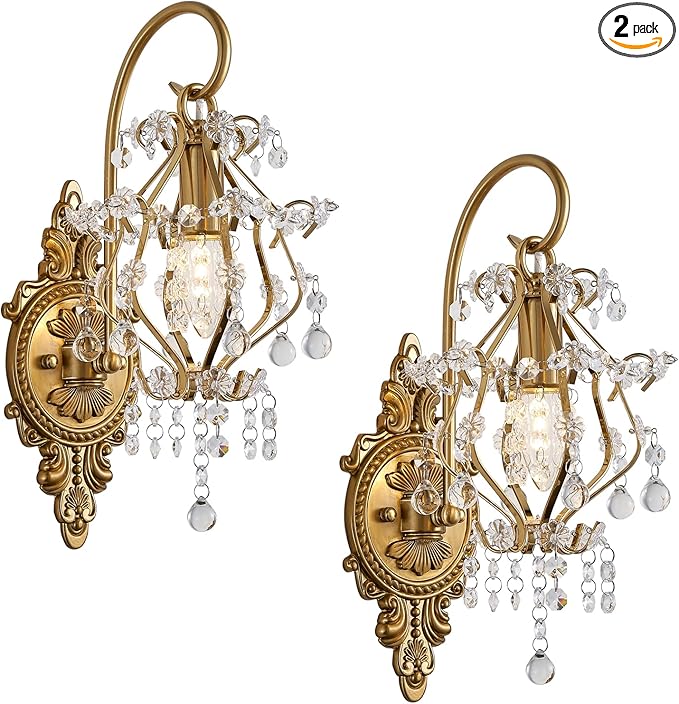 Gold Crystal Vintage Wall Sconces Set of 2 Indoor Hardwired Wall Light Fixture, Modern Wall Mount Lamp Light for Bedroom Living Room Bathroom Vanity Light Hallway Light Fixture Decor LED E12