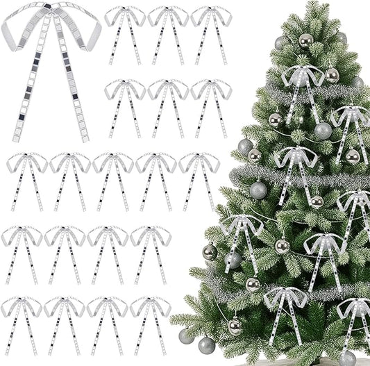 24 Pcs 5 Inch Disco Christmas Bow Ornament Disco Bulk Silver Mirror Ribbon Sequin Glitter Bow Decorations for Christmas Tree Xmas Holiday Wreath Fireplace Garland Party Favor Home