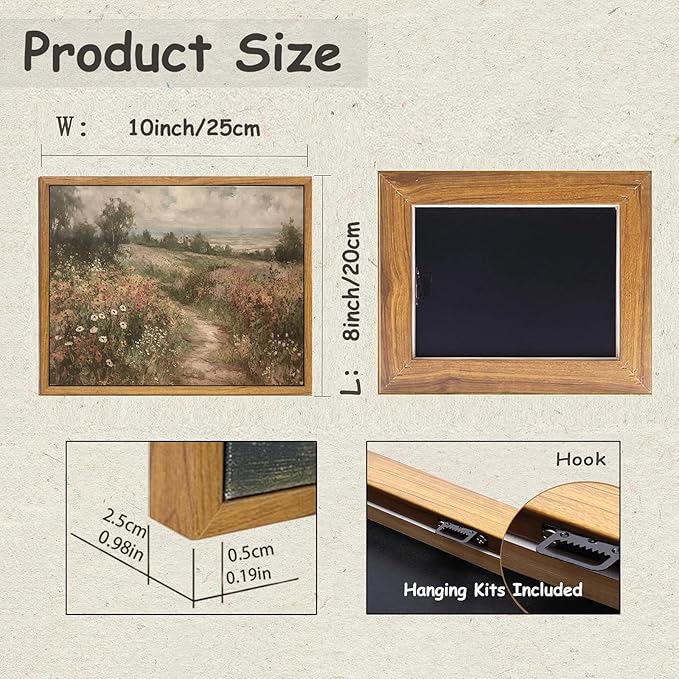 KBKBART Framed Canvas Wall Art for Living Room, Vintage Countryside Wildflower Field Painting Farmhouse Decor, Retro Nature Wilderness Canvas Art Prints for Wall Decor, Rustic Landscape Wall Decor for Bathroom, Bedroom Living Room(8"x10")