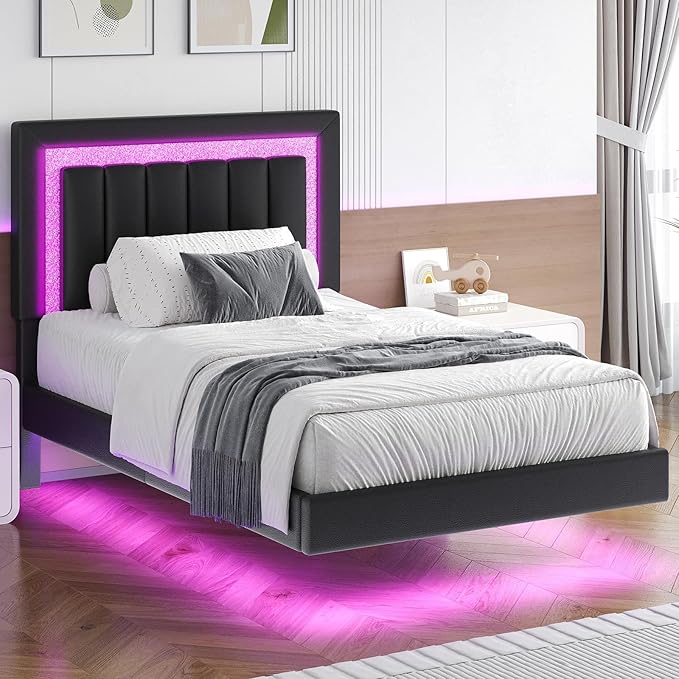 HOMBCK Floating Bed Frame Twin with Smart LED Lights, Faux Leather Upholstered Platform Bed with Diamond Headboard, No Box Spring Needed, Noise Free, Easy Assembly, Black