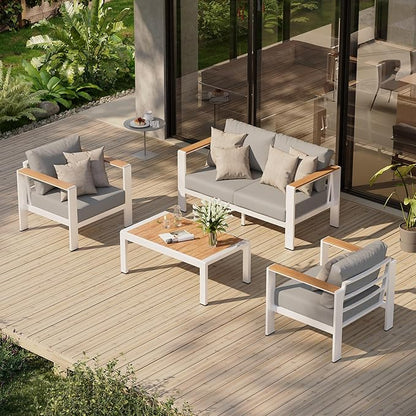 Aluminum Outdoor Patio Furniture Set with Table, 4 Piece Patio Conversation Sets with Washable Thick Cushions, Outdoor Chair Patio Sectional Furniture Set for Porch, Balcony, Deck, Yard, White