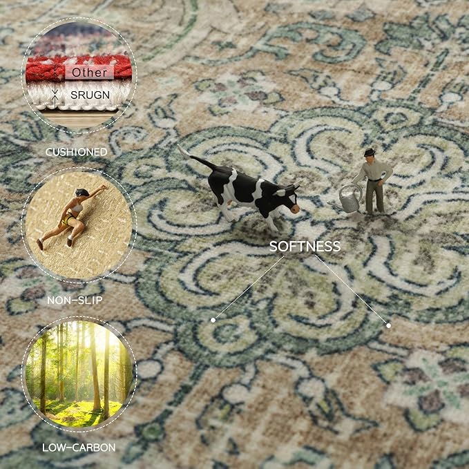 Washable Rugs 8x10 Area Rugs for Living Room,Rugs for Bedroom,Large Carpets,Ultra Soft Faux Wool Retro Dining Room Rug,Non Slip&Non-Shedding Low Pile Vintage Print Rug for Home Office,Green