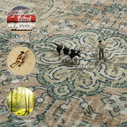 Washable Rugs 8x10 Area Rugs for Living Room,Rugs for Bedroom,Large Carpets,Ultra Soft Faux Wool Retro Dining Room Rug,Non Slip&Non-Shedding Low Pile Vintage Print Rug for Home Office,Green