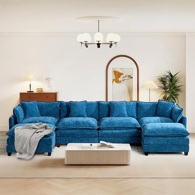 SoarFlash 143.2" Chenille Sectional Sofa, Comfy U Shaped Modular Coush Sofa with Ottoman, Modern 4 Seat Couch Deep Seat Sofa Set for Living Room,Blue