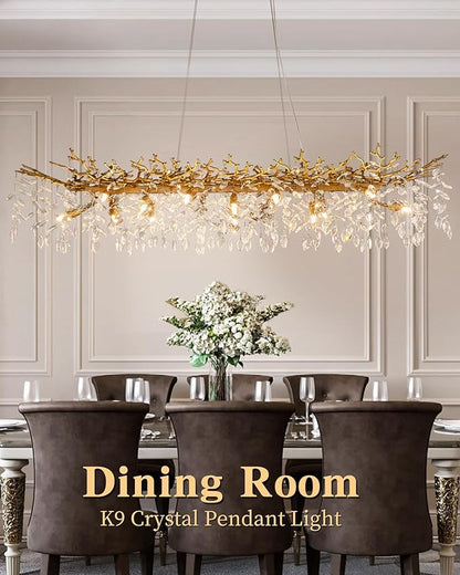 Tree Branch Chandelier Modern Gold Crystal Chandeliers 14 Lights Rectangular 47.2" Hanging Pendant Light Fixture for Kitchen Island Living Room Dining Room Foyer Entryway