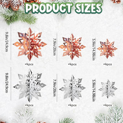 OuMuaMua Winter Christmas Snowflake Decorations Indoor, 24PCS 3D Silver Rose Gold Snowflakes Christmas Hanging Ornaments for Home Xmas Christmas Holiday Winter Wonderland New Year Party Decor Supplies