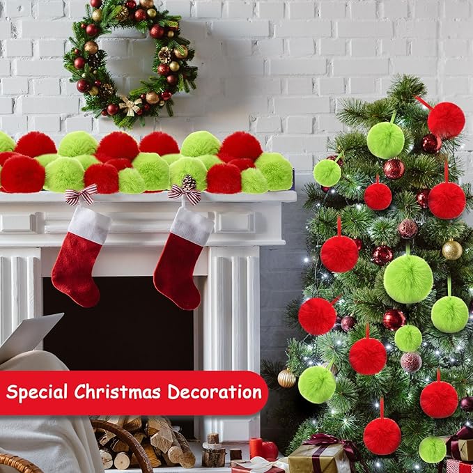 24 Pcs Red and Green Furry Christmas Ball Ornaments for Tree 2.36/3.15/3.94 Inch Pom Pom Ball Christmas Hanging Decoration for Party Supplies Fireplace Mantel Wall Decor