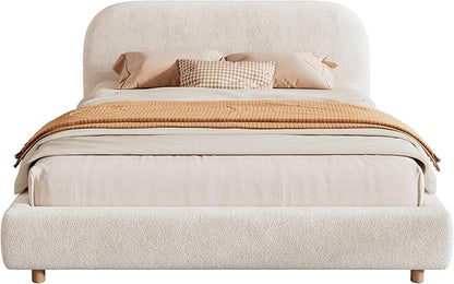 Queen Size Bed Frame, Upholstered Cloud Boucle Platform Beds Frames with Headboard, Anti-Collision Soft Rounded Corners Footboard, No Box Spring Required, Easy Assembly (35" White, Queen)