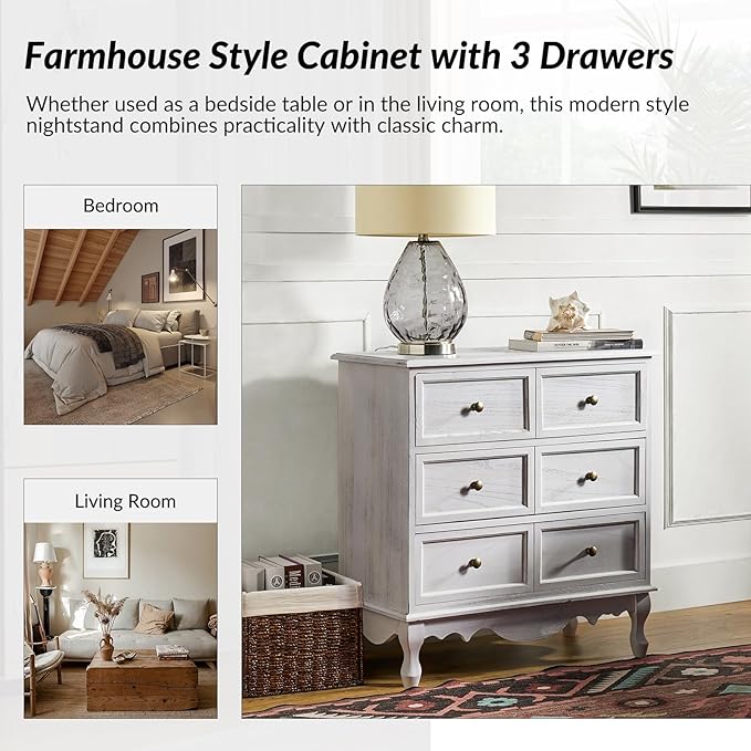 HULALA HOME 3 Drawer Nightstand with Charging Station Drawer Organizer with Wood Legs Farmhouse Solid Wood Set of 2, White