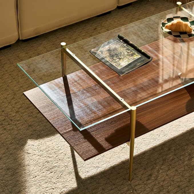 AGV LIGHTING Tadio Large Glass Coffee Table, Mid-Century Modern Coffee Table for Living Room, Gold Finish Leg, Clear Glass Top & Walnut Brown Shelf, 47 in