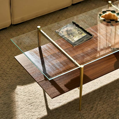 AGV LIGHTING Tadio Large Glass Coffee Table, Mid-Century Modern Coffee Table for Living Room, Gold Finish Leg, Clear Glass Top & Walnut Brown Shelf, 47 in