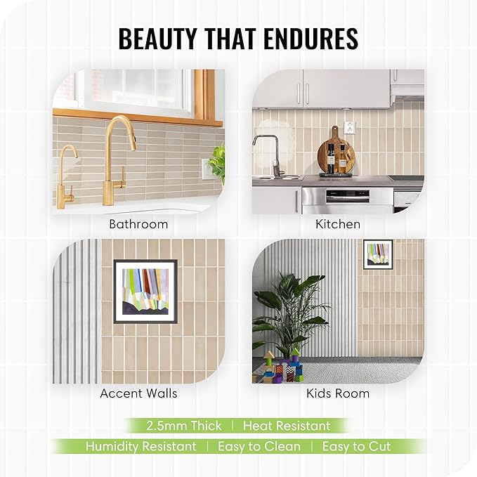 5 Pack Peel and Stick Backsplash Subway Tiles, Extra Thick 3D Wall Panels, Heat & Water Resistant, Easy DIY Kitchen, Bathroom, Laundry, Fireplace & Rental Home Wall Décor (12 x 12 in), Almond