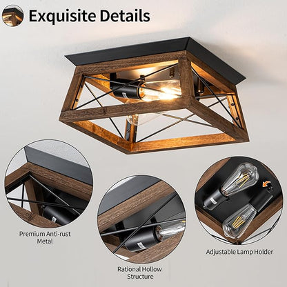 Farmhouse Ceiling Light, 2-Light Flush Mount Light Fixture with Metal and Wood Design, Rustic Light Fixture for Kitchen, Entryway, Hallway, Bedroom