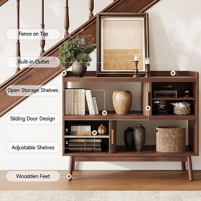 ONBRILL 44" Sideboard Buffet Cabinet with Outlet & 2 Open Storage Spaces, Fluted Sideboard Cabinet with Sliding Door & Adjustable Shelves, Mid-Century Accent Coffee Bar Console Table with Wooden Feet